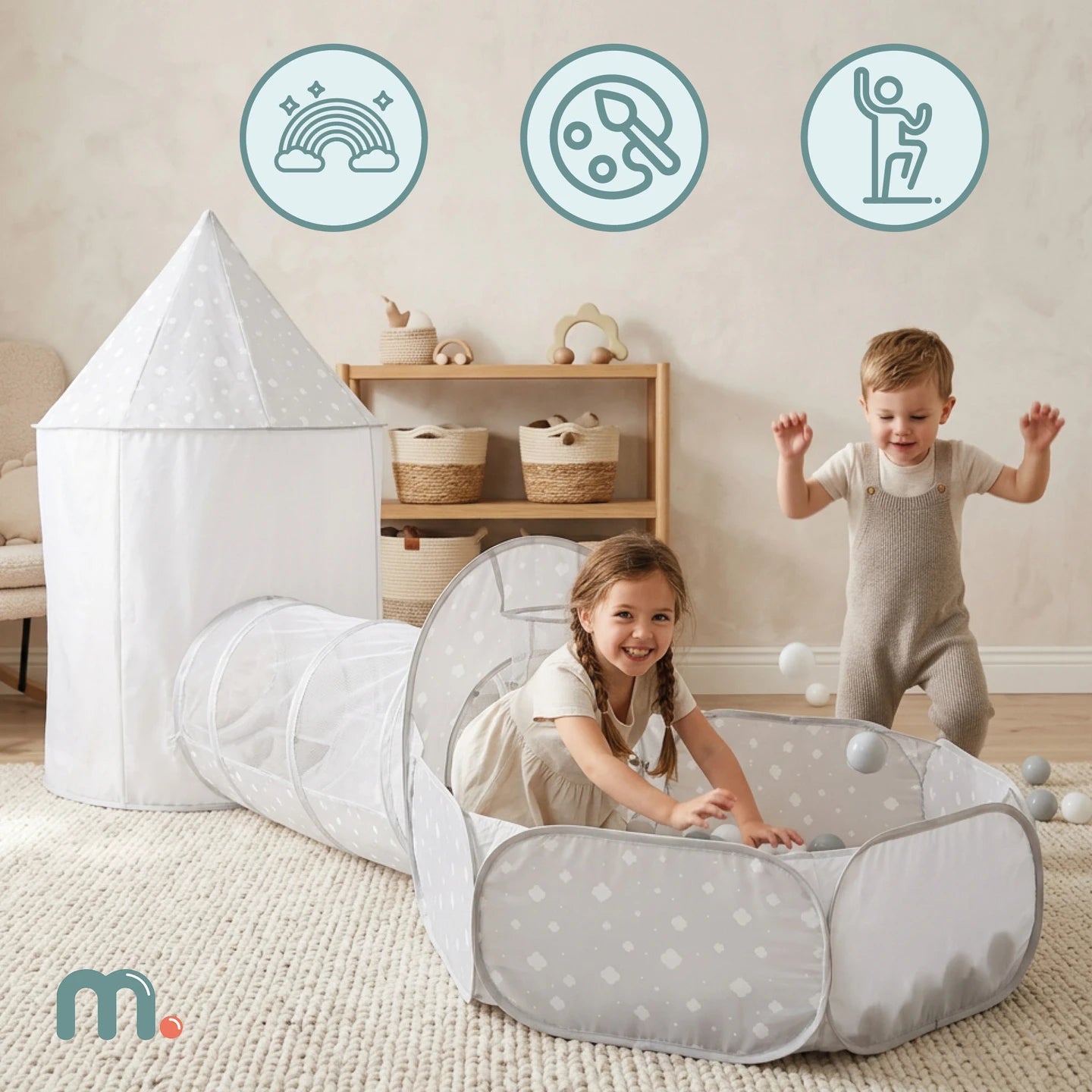 Mamabrum 3in 1 Tent with Tunnel and Pool for Big Kids Play Square 3 + Educational Set for Room and Garden Folding