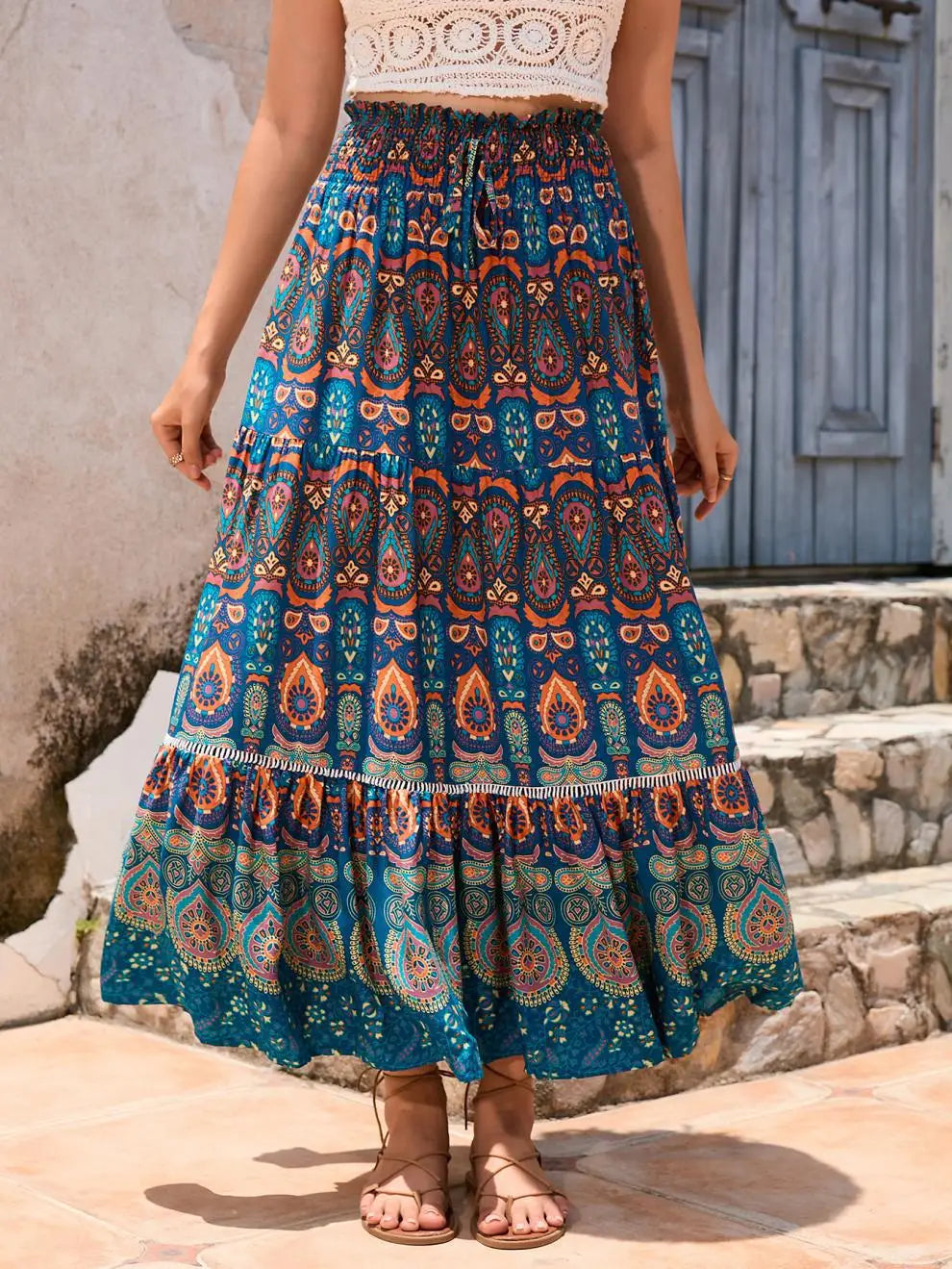Women's Casual Temperament Skirt Women's Fashionable Bohemian Printed Elastic Waist Temperament Skirt Big Sway Temperament Skirt