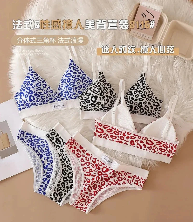 Summer New Women's Leopard Print Traceless and Steel Rim Bra Adjustable Shoulder Strap Back Women's Underwear Set