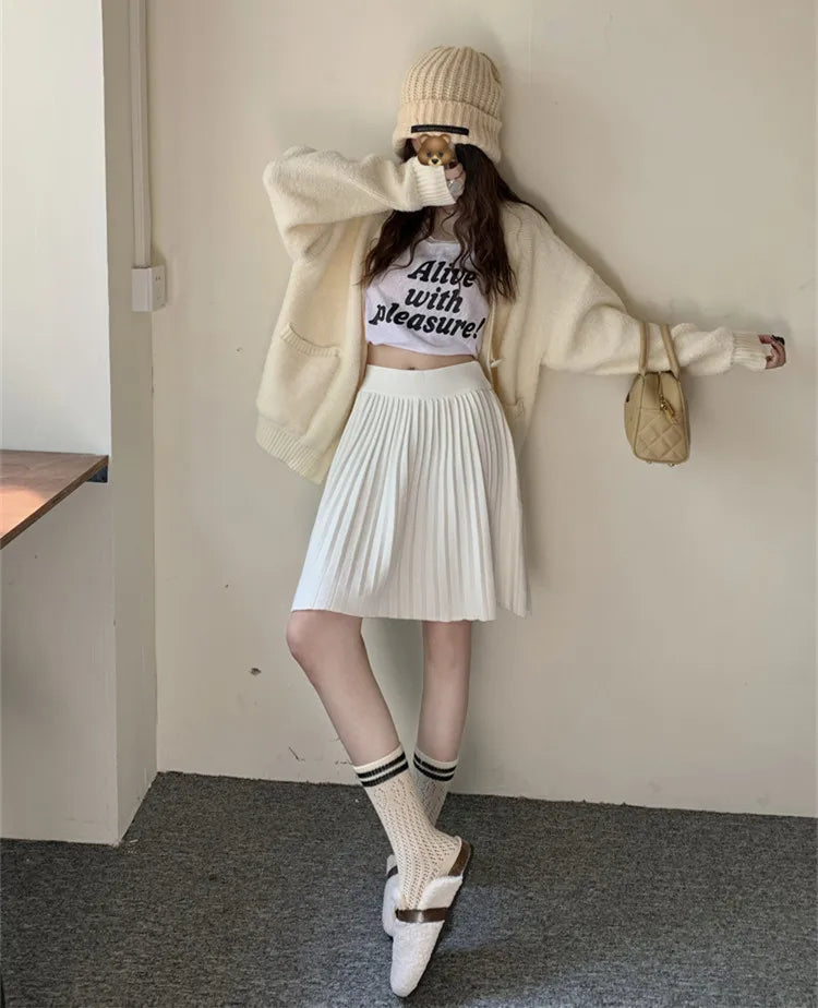 White Knitted Pleated Skirt Women Autumn Winter 2025 New High Waist Mini Skirt Lady's Fashion Korean Solid Women's Short Skirts