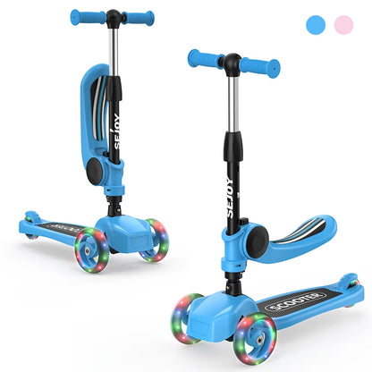 Sejoy Kick Scooter for Kids with 3-Wheeled Adjustable Lean-to-Steer Handlebar Foldable Seat - Sit or Stand Ride with Brake