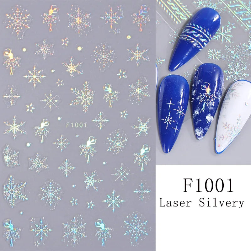 1PCS New Christmas Decorations 2023 New Year Nail Stickers Press on Nails Laser Snowflake Christmas Tree 3D Nail Decal