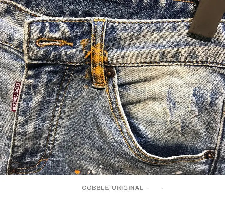 Summer Trendy Brand Handsome Denim Shorts Men's Washed Embroidered Patch Trendy Short Pants Ripped Slim-fit Elastic Middle Pants