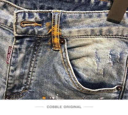 Summer Trendy Brand Handsome Denim Shorts Men's Washed Embroidered Patch Trendy Short Pants Ripped Slim-fit Elastic Middle Pants