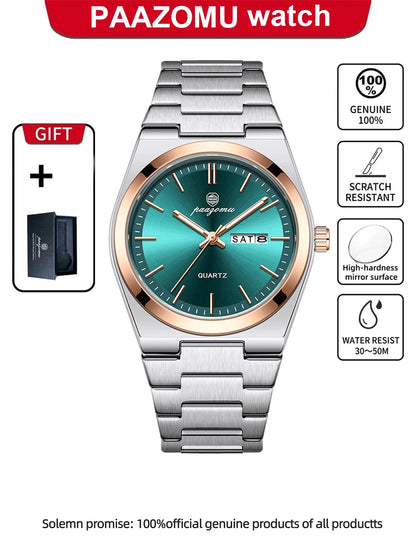 PAAZOMU Fashion Men's Quartz Watch Stainless Steel Waterproof Luminous Man Watch Chronograph Date Multifunction Watches For Men