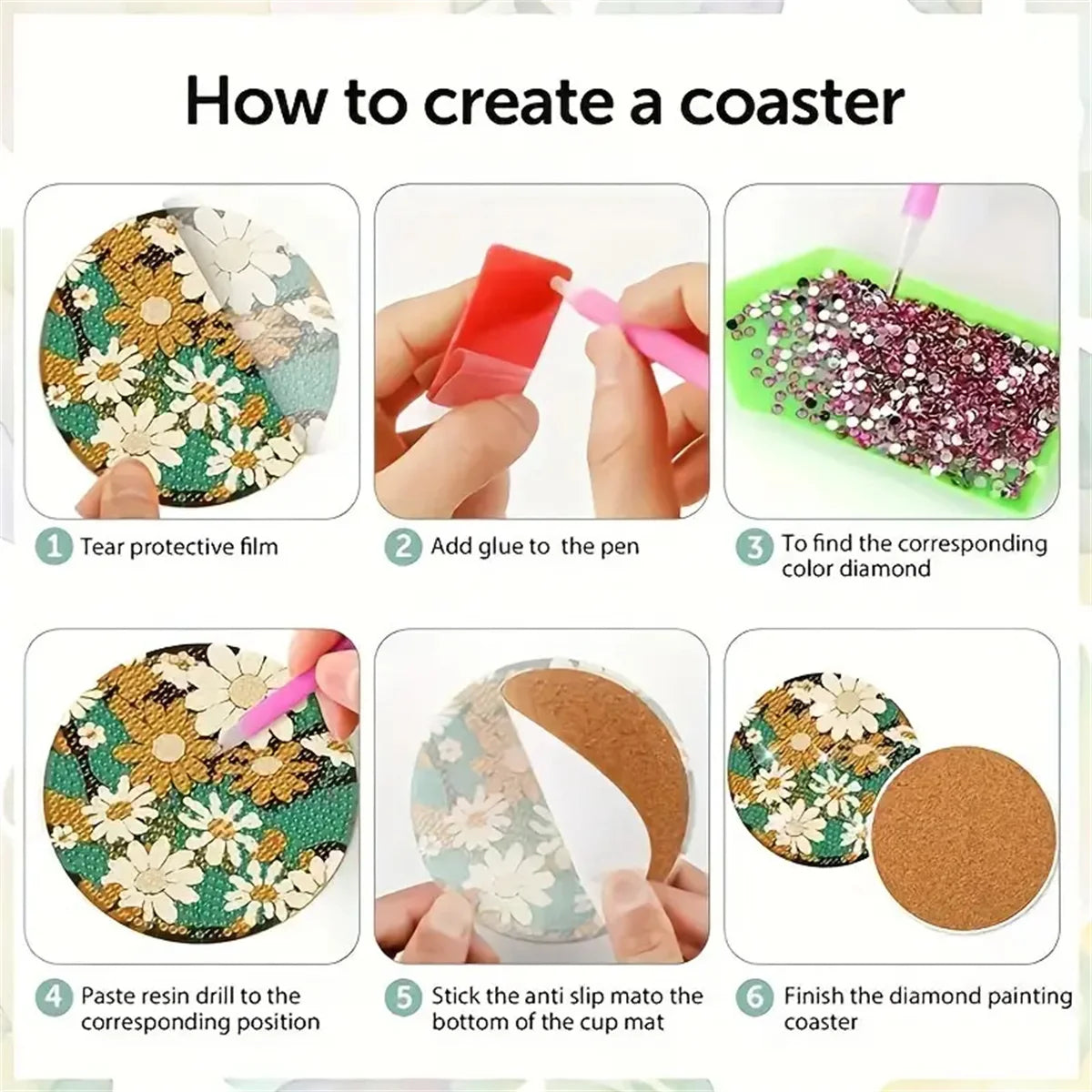 8pcs/Set DIY Diamond Painting Coasters with Holder Anti Slip Wood Drip Mats Crystal Rhinestones Diamond Art Coasters for Adults