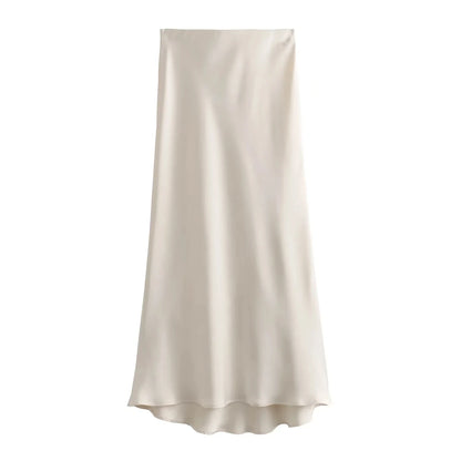 KONDALA Vintage Satin Solid Long Skirts Women High Waist Elastic Silky Skirts Fashion 2025 Spring Elegant Straight Skirts