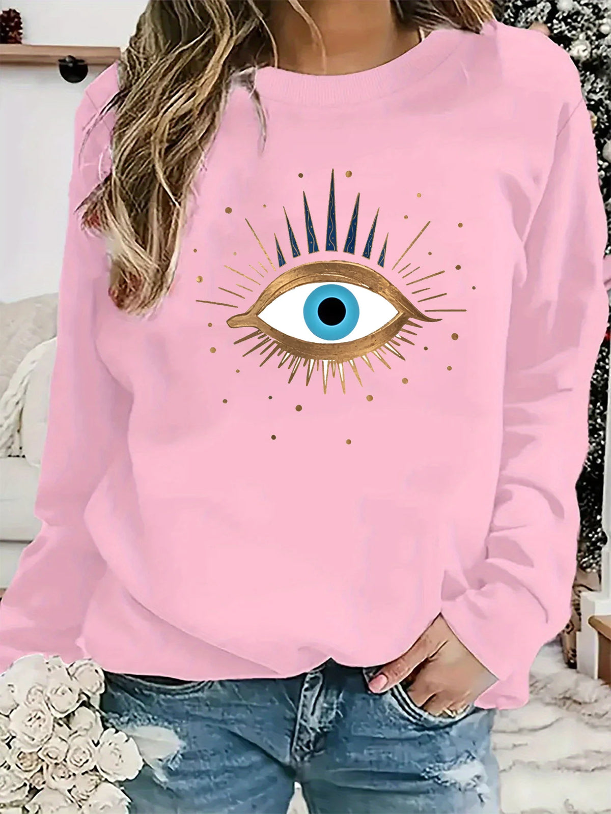 Women's autumn and winter casual fashion loose and comfortable warm eye pattern printed round neck long sleeved pullover