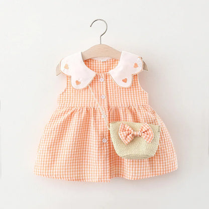 Baby Girl Plaid Dress Summer New Sweet And Beautiful Children'S Clothing+Bow Bag (9 Months -3 Years Old)