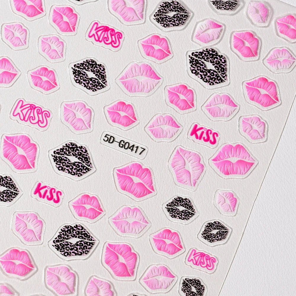 1sheet 5D Sexy Red Lips Nail Decal Stickers KISS Love Heart Valentine's Day Self-adhesive Nail Slider DIY Romantic Nail Decor