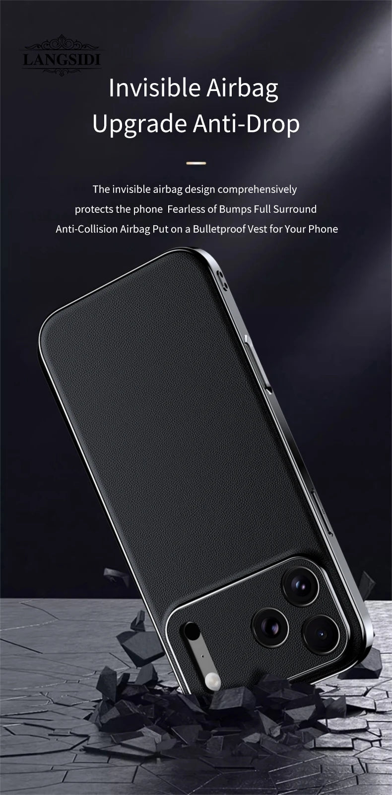 LANGSIDI Luxury Leather Phone Case for iPhone 17 16 15 Pro Max Air 17Pro 16Pro Full Lens Protection Back Cover