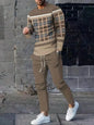 Fashionable summer men's striped patchwork print breathable round neck long sleeved pants set outdoor casual wear