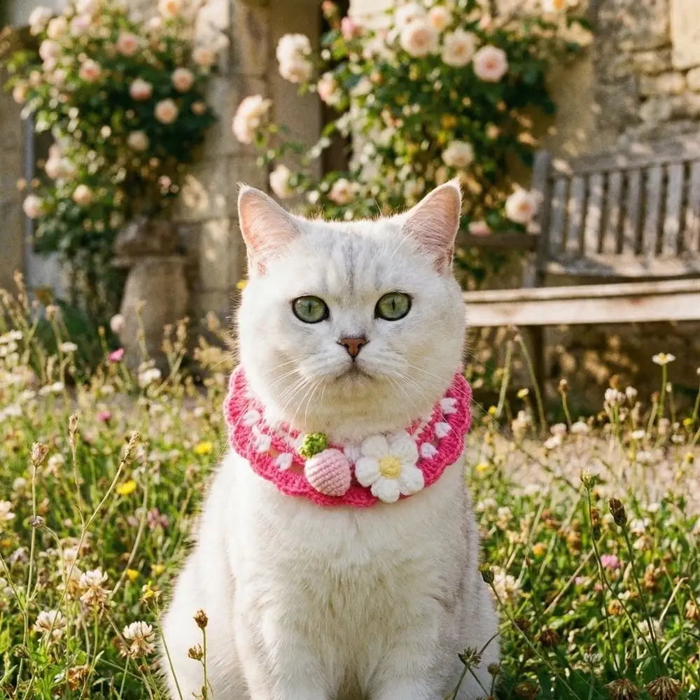 Stylish Adjustable Flower Pet Scarf Bib Sweet Decorative Knitted Cat Scarf Cozy Handmade Cat Woven Bib Spring Collection