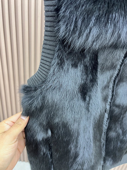 Women's Genuine Real Rabbit Fur Vest Coat Knitting Winter Fox Fur Collar Fur Jacket Casual Short Outwear Slim with Zipper