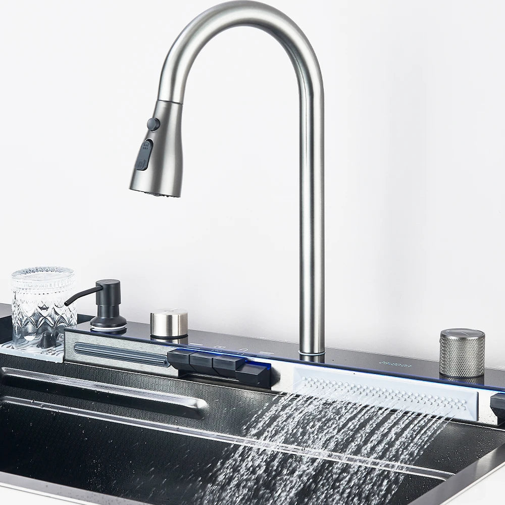 304 Stainless Steel Kitchen Waterfall Sink Digital Display Large Single Sink Dish Basin Sink With Multifunction Touch Waterfall