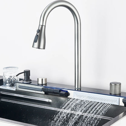 304 Stainless Steel Kitchen Waterfall Sink Digital Display Large Single Sink Dish Basin Sink With Multifunction Touch Waterfall
