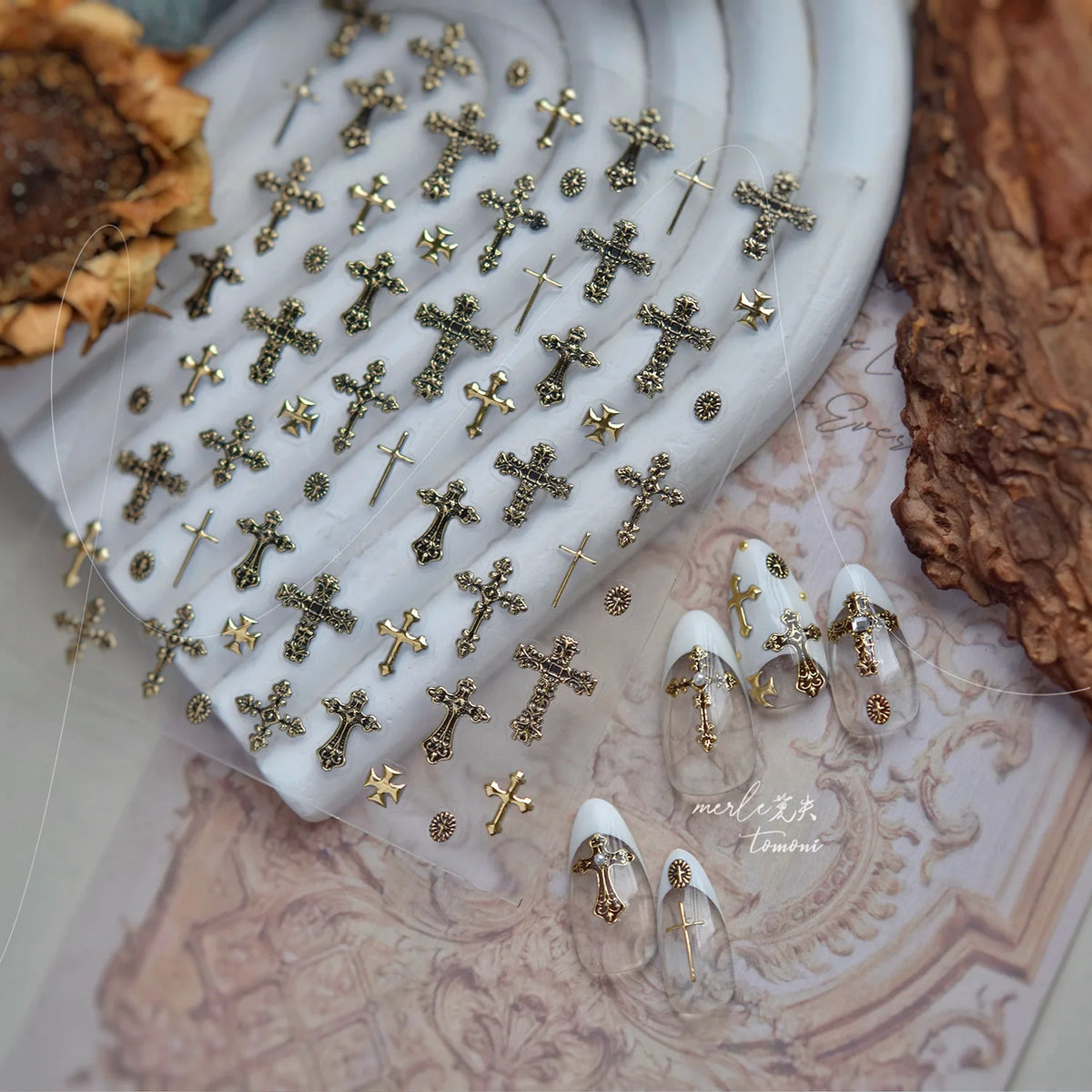 Gold Silver Metal Nail Stickers Dark Retro High-end Cross Nail Art Accessories Sticker Back Blue Nails 3D Decorations Decals DIY