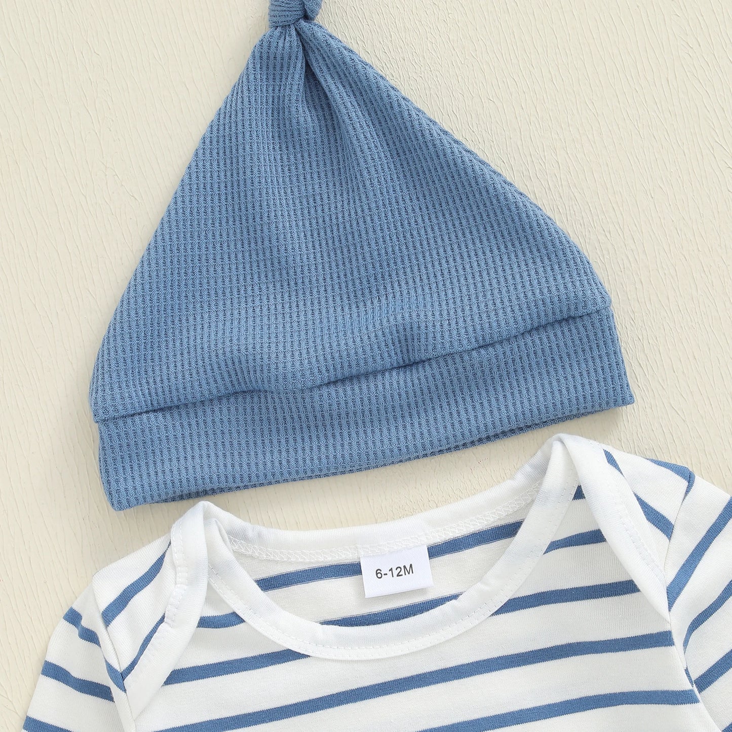 Newborn Baby Boy Fall Winter Clothes Striped Long Sleeve Romper Overall Pants Hat 3Pcs Set Cute Coming Home Outfit