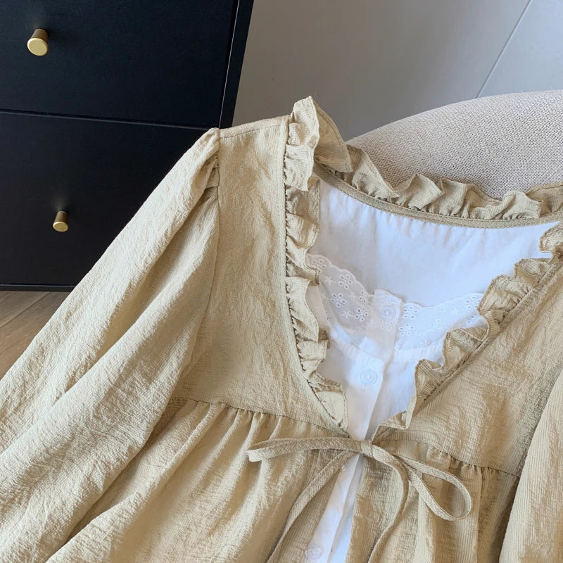 Korean Casual Sweet Fungus Lace Collar Women's Shirt Top Autumn New Women Fashion Fake Two-Piece Lace Up Long Sleeved Shirt
