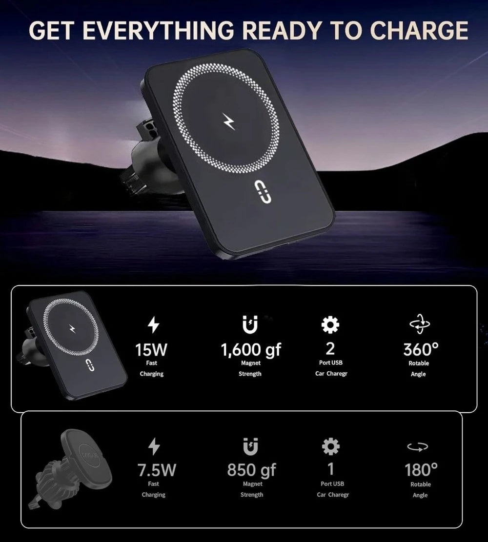 Car Air Vent Phone Holder Stand Magnetic Wireless Charger For Magsafe iPhone 17 16 15 14 13 12 Pro Max XS 360 Rotation Mount Pad