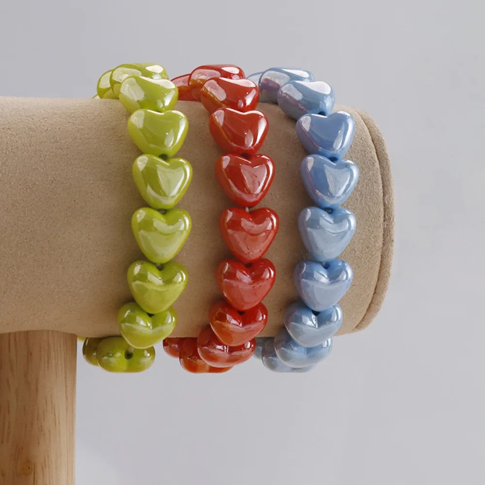 Sweet Fashion Dopamine Colorful Glossy Resin Heart Handmade Bead Elastic Bracelets for Women Summer Beach Stackable Jewelry Gift