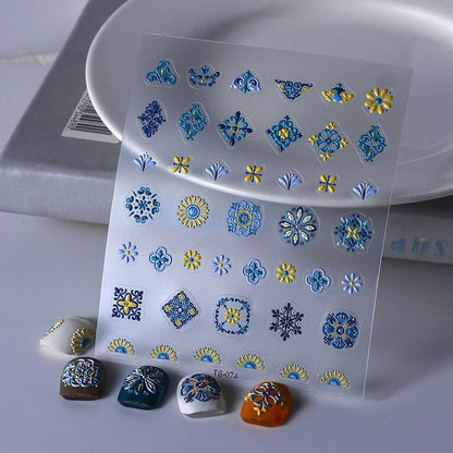 1PC Bohemia Nail Art Stickers 5D Bohemia Nail Sticker Decal Abstract Design Retro Blue Yellow Flower Self Adhesive Nail Supplies