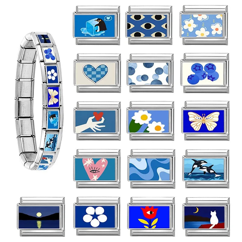 Fashion Blue NO.8 Ball Panda Elephant Cat Flower Italian Charms Fit 9mm Stainless Steel Women Fashion Bracelet DIY Jewelry Gifts