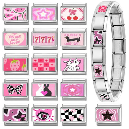 Beautiful Flower Y2K Black Star Dog Heart Pink Italian Charm Link Fit 9mm Stainless Steel Sweet Bracelet Jewelry Making DIY Gift