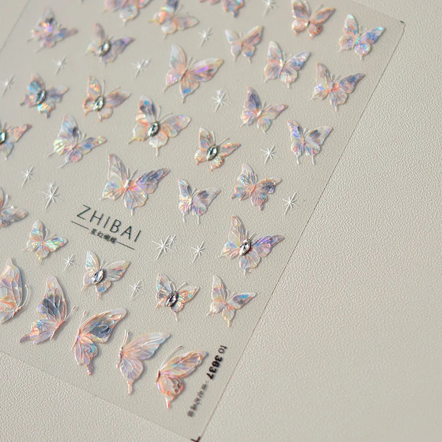 Shiny Jelly Butterfly Charming Golden Gradient Bowknot 5D Self Adhesive Nail Art Sticker Flower Petal Rhinestone Manicure Decals