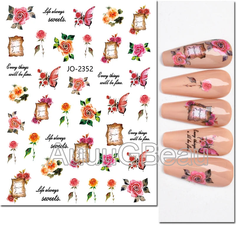 3d Nails Art Decals Spring Fruits Pink Full Tips Peony Magnolia Flowers Adhesive Sliders Stickers Decoration For Nails Manicure