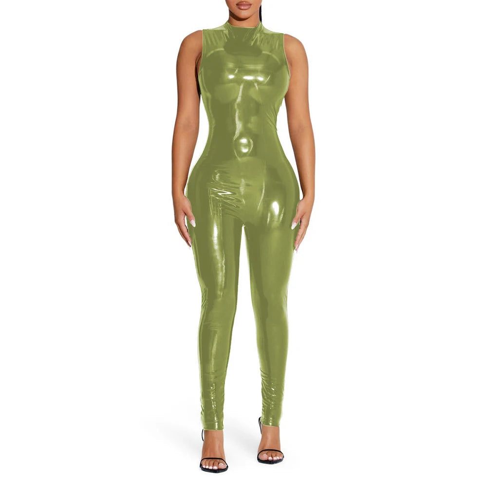 PVC Sleeveless Jumpsuit for Ladies, Wet Look, Shiny Patent Leather, O-Neck Bodycon, Tank Catsuit, Stretch Slim Rompers, Sexy