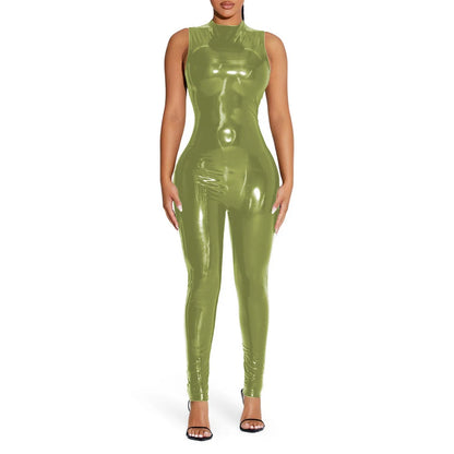 PVC Sleeveless Jumpsuit for Ladies, Wet Look, Shiny Patent Leather, O-Neck Bodycon, Tank Catsuit, Stretch Slim Rompers, Sexy