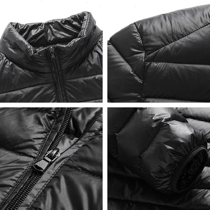 Men White Duck Down Jacket Warm Hooded Ultra Lightweight Packable Coat Winter Water and Wind-Resistant Breathable Down Jacket
