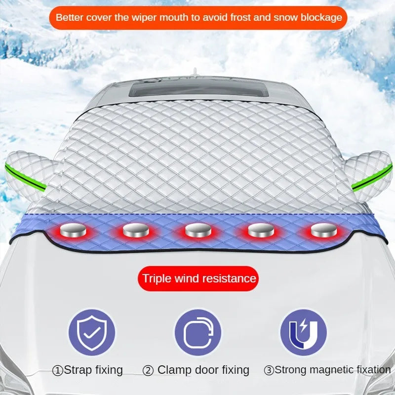 All-Weather Magnetic Windscreen Cover - Waterproof Snow/Frost/Ice Protector & Sun Shade, 5 Magnets + Door Flaps, Universal Fit
