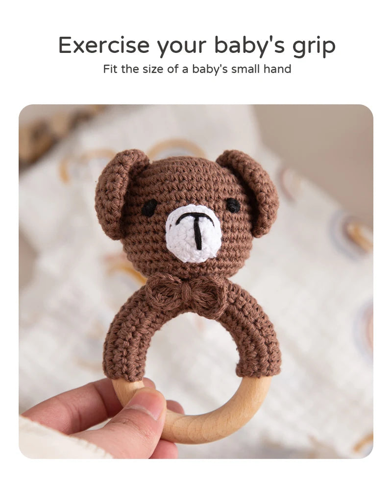 1pc Baby Teether Music Rattles for Kids Animal Crochet Rattle Elephant Giraffe Ring Wooden Babies Gym Montessori Children's Toys