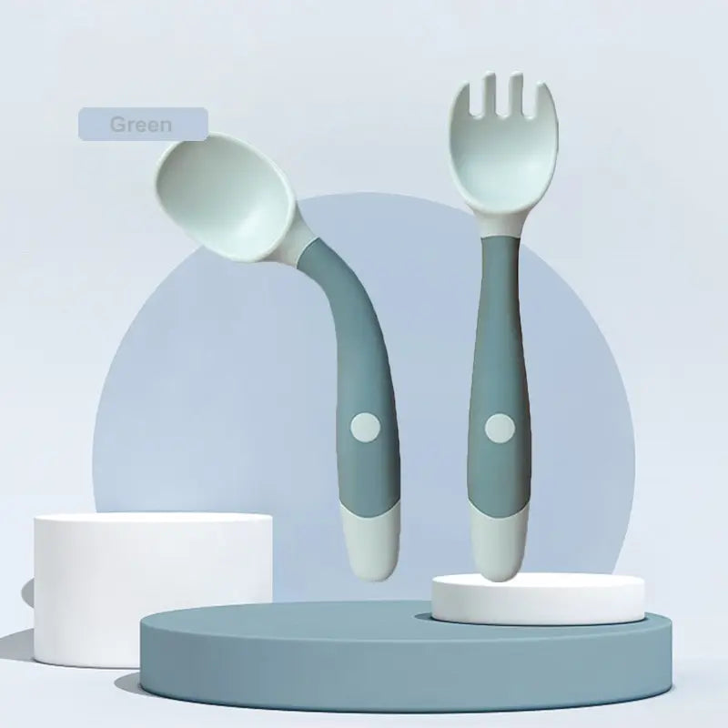 Baby Self Feeding Spoon Set 2Pcs, 360 Twist Anti-Drop Silicone Training Spoon + Fork for 6-24 Month Toddler BPA Free