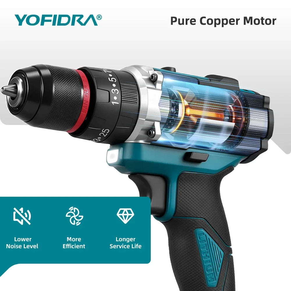 YOFIDRA  3 IN 1 25+3 Torque Electric Impact Drill Cordless Impact Drill Househeld Woodworking Power Tool for Makita Battery Pin