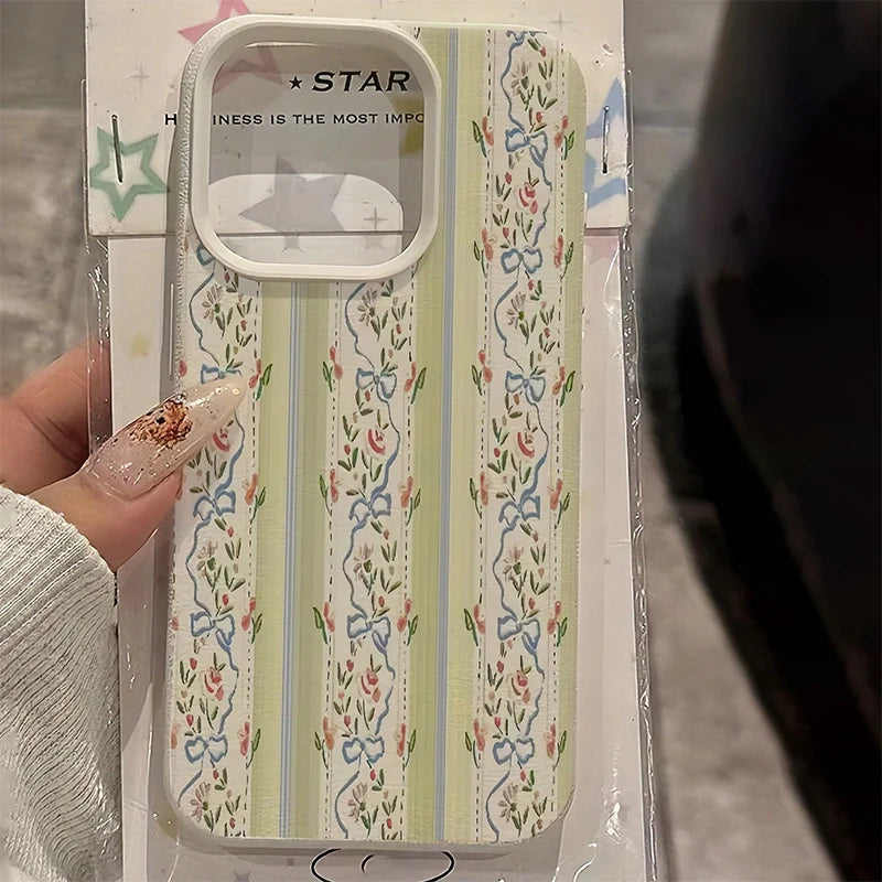 White Floral Blue & Pink Striped Minimalist Pattern Phone Case For Xiaomi Redmi Note 14 Pro Plus5G 13 12 11 10 15C 14C 13C Cover