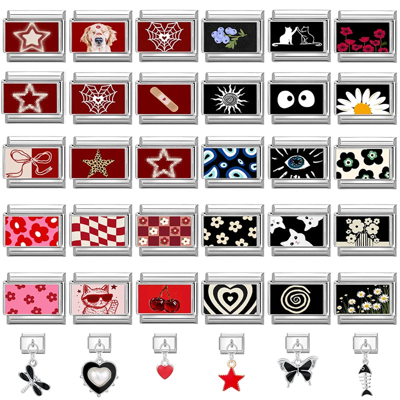 Fashion Personalized DIY Black Red Color Italian Charm Bracelet Eyes Cat Stripes Heart Bead 9mm Bracelet Stainless Steel Jewelry