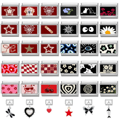 Fashion Personalized DIY Black Red Color Italian Charm Bracelet Eyes Cat Stripes Heart Bead 9mm Bracelet Stainless Steel Jewelry