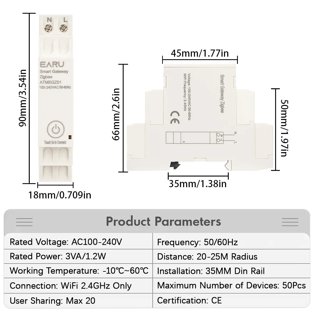 EARU Tuya Smart WiFi ZigBee 3.0 Gateway Hub Smart Home Appliances Wireless Bridge Remote Control Automation Device Work Din Rail