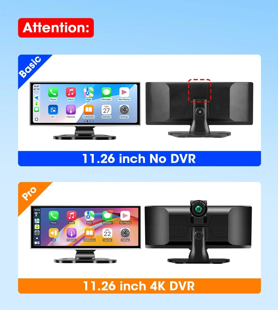 Srnubi 11.26 Inch 4K Dash Cam Wireless CarPlay & Android Auto Portable Car DVR Intelligent Systems Video Recorder GPS Navigation