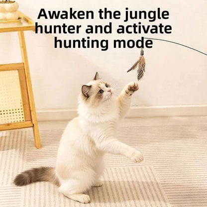 Wooden Handle Spring Teasing Cat Stick Feather Simulation Fishing Rod Cat Teaser Stick Interactive Replaceable Bell Squeaky Cat