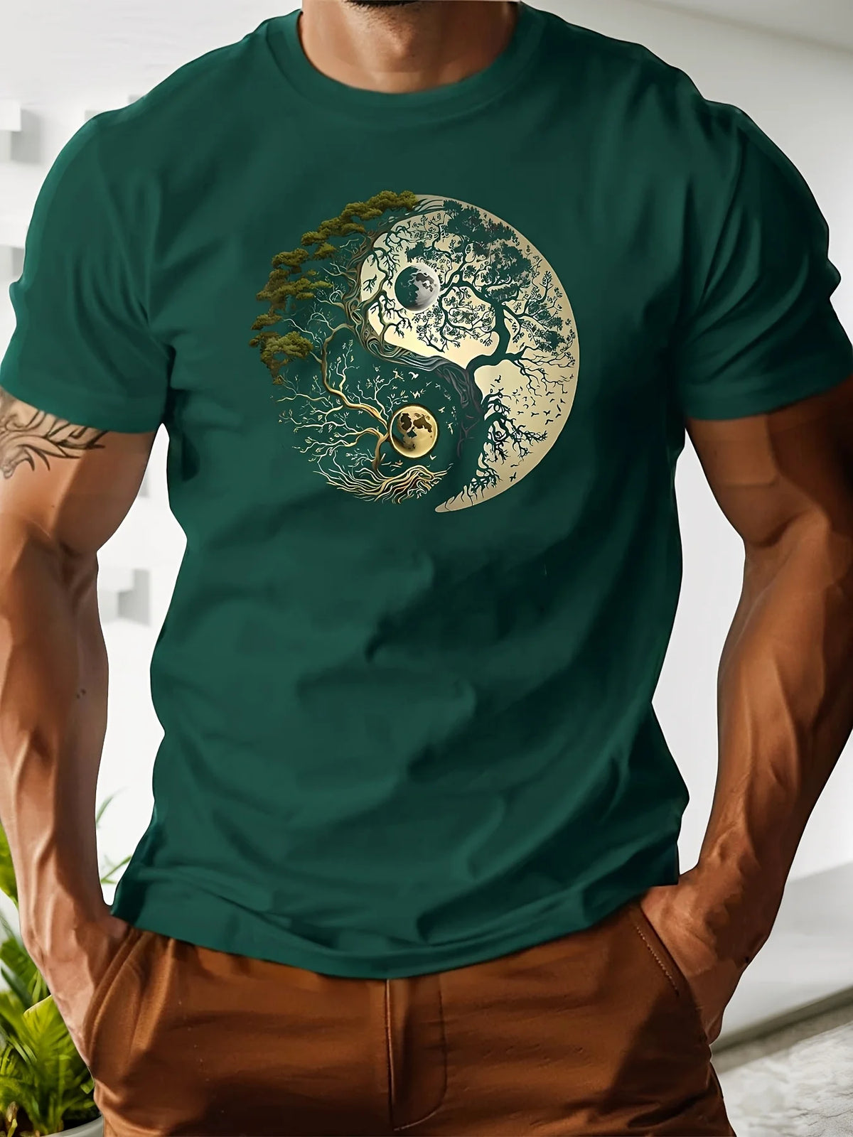 Men's Summer 100% Pure Cotton Casual Loose Sports T-Shirt Yin-Yang Tree Pattern Print round Neck Short-Sleeved Top