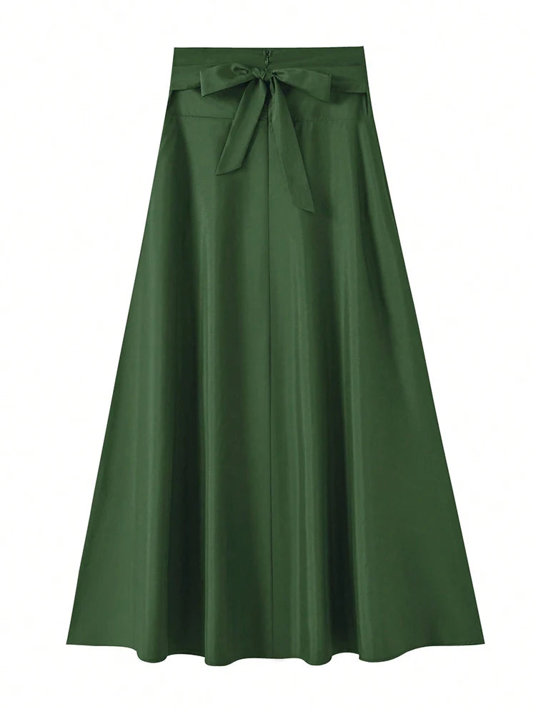 New In Dresses Solid Color A-line Skirts for Woman Clothing High Elastic Waist Long Skirt Women With Bow Elegant Women's Skirts