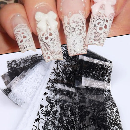 10 Sheets Lace Nail Foil White & Black Nail Stickers Design Transfer Foils Starry Sky Paper Nail Art Foil Decals for Nails Salon