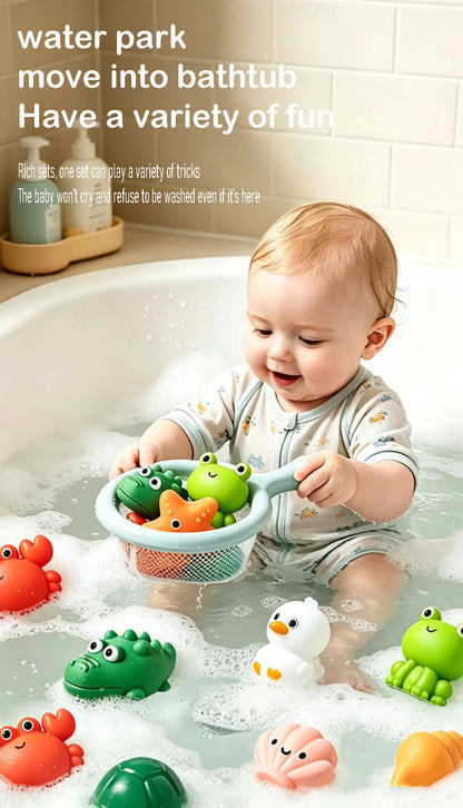 Frog Net Fishing Bath Toy Baby Floating Turtle Animal Squeeze Squeaky Pool Summer Splashing Water Toy Gift