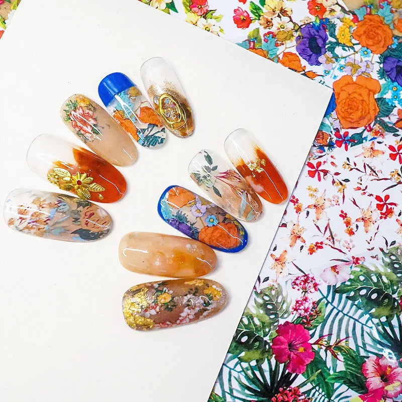 New Flower Nail Foils for Transfer Paper Stickers Floral Adhesive Fruit Nails Wraps Fish DIY Water Marble Nail Art Decorations