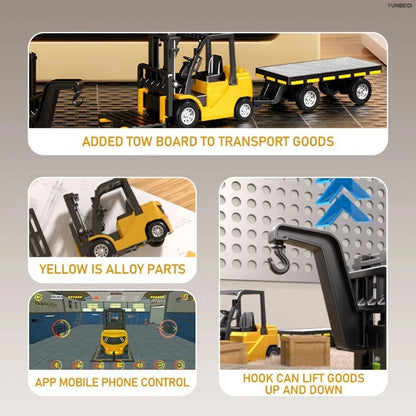 1:64 Remote Control and Alloy Truck Forklift with Trailer Worktop Mini Bluetooth RC Elevator Vehicle Children's Toy Holiday Gift