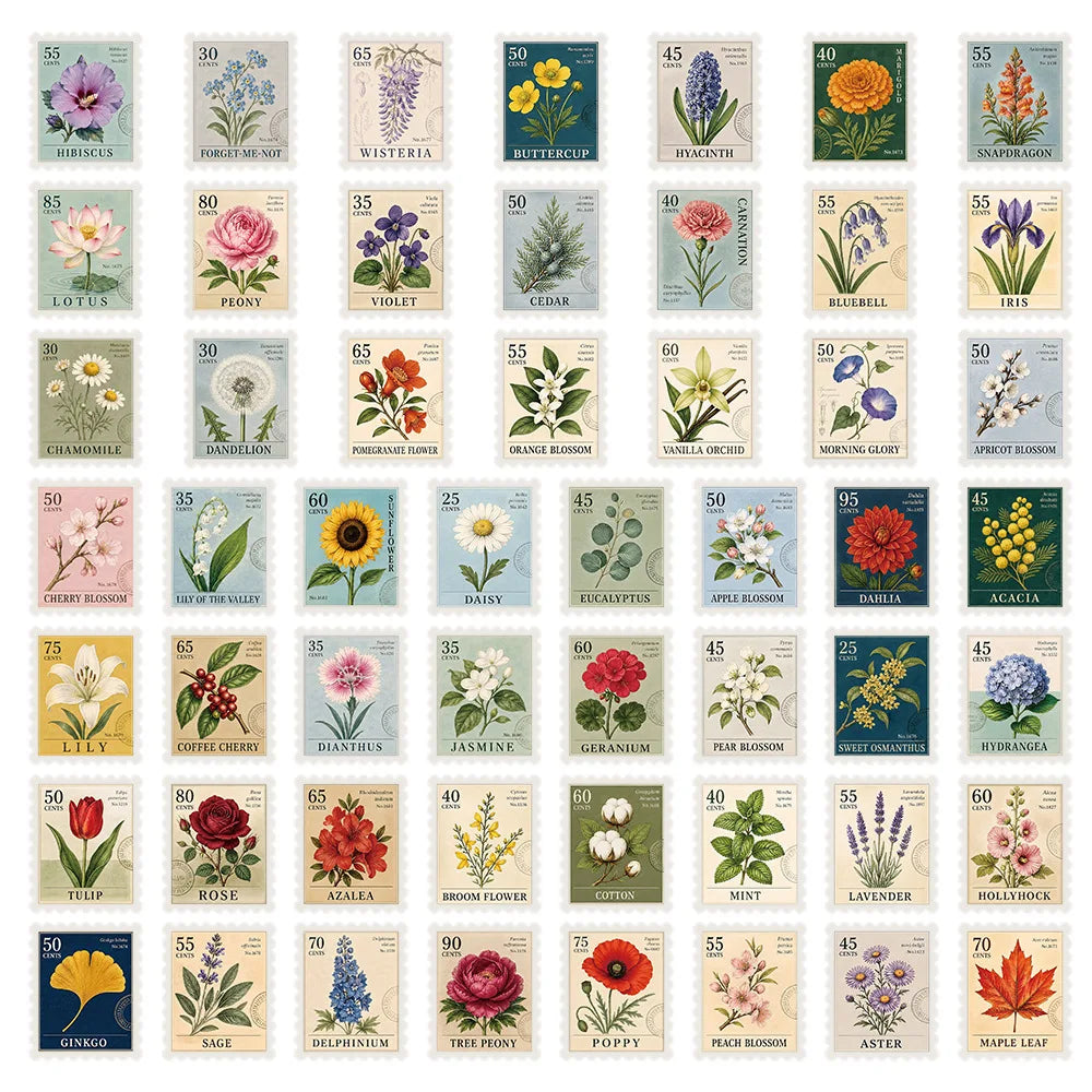 50PCS Plant Stamps Transparency Graffiti Stickers Creative Cartoon Decal Decoration Luggage Phone Cup Guitar Scrapbook Kid Toys
